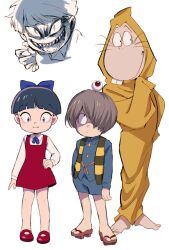  1girl 2boys blue_ribbon blue_shirt blue_shorts brown_hair brown_robe buck_teeth closed_mouth commentary_request dress full_body gegege_no_kitarou hair_over_one_eye hand_on_own_hip highres hooded_robe hzi4h9 kitarou medama_oyaji multiple_boys nekomusume nezumi_otoko red_dress ribbon robe sandals sharp_teeth shirt short_hair shorts simple_background striped_clothes striped_vest teeth vest whiskers white_background white_shirt 