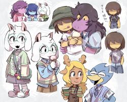  1other 2boys 2girls alternate_costume animal_ears antenna_hair antlers bag berdly_(deltarune) bird_boy blonde_hair blue_pants blue_shirt blush brown_hair brown_shorts bubble_tea bucket_hat closed_eyes closed_mouth collared_shirt colored_skin commentary deer_ears deltarune denim drinking_straw drinking_straw_in_mouth fang food freckles furry furry_female furry_male glasses green-framed_eyewear green_bag green_hat green_shirt grey_shirt grey_shorts hair_between_eyes hat highres holding holding_food holding_ice_cream holding_ice_cream_cone horns ice_cream ice_cream_cone jeans kris_(dark_world)_(deltarune) kris_(deltarune) long_hair long_sleeves looking_at_another looking_at_viewer multiple_boys multiple_girls no_eyes noelle_holiday nomu_poncha open_mouth pants pink_shirt purple_hair purple_skin ralsei red_shoes reindeer_antlers reindeer_girl reptile_girl round_eyewear shaded_face shirt shoes short_hair short_sleeves shorts skin_fang smile sneakers susie_(dark_world)_(deltarune) susie_(deltarune) sweater_vest t-shirt tongue tongue_out translation_request utdr_(toby_fox) yellow_sweater_vest 