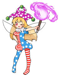  1girl american_flag_dress american_flag_legwear arm_up blonde_hair blush clownpiece commentary_request fairy_wings fire full_body hand_on_own_hip hat highres holding holding_torch jester_cap long_hair looking_at_viewer neck_ruff one_eye_closed polka_dot purple_fire purple_hat red_eyes short_sleeves simple_background solo star_(symbol) star_print striped_clothes torch touhou ushidaihuku white_background wings 