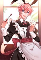  1boy :d animal_ear_hairband animal_ears apron back_bow black_dress black_hairband bow brooch chinese_commentary clipboard collar_chain_(jewelry) collared_dress cowboy_shot cross_tie crossdressing crossdressing_(mtf) day dress fake_animal_ears food frilled_apron frills fruit hair_between_eyes hairband highres holding holding_clipboard holding_pen indoors jewelry juliet_sleeves long_sleeves looking_at_viewer lovebrush_chronicles maid maid_apron maid_headdress male_focus male_maid mibu_(1064493753) official_alternate_costume paw_brooch pen plaid_clothes plaid_dress puffy_sleeves rabbit_ear_hairband rabbit_ears red_bow short_hair sleeve_cuffs smile solo standing strawberry tree violet_eyes white_apron william_(lovebrush_chronicles) window 