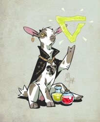  animal_focus black_cloak cloak goat grey_background highres jewelry marianna_strychowska necklace no_humans potion signature solo the_witcher_(series) 