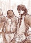  2boys ben_jackson cabbie_hat car facial_hair goatee hands_on_hips hat kaburagi_t_kotetsu looking_away monochrome motor_vehicle multiple_boys sketch smile smoking tanita_niriko tiger_&amp;_bunny vehicle 