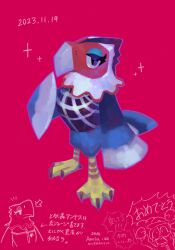  1girl amelia_(animal_crossing) animal_crossing bird bird_girl chimera70551819 dated eagle eyelashes full_body furry furry_female highres looking_at_viewer pink_background simple_background solo sparkle translation_request 