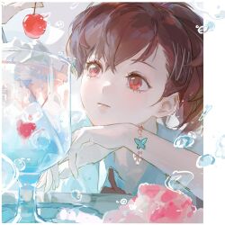  1girl absurdres bracelet brown_hair bubble cherry closed_mouth commentary expressionless food fruit hair_ornament hairclip highres ice ice_cream ice_cream_float ice_cube jewelry mmtc_shuang parallel_hairclips persona persona_3 persona_3_portable red_eyes shiomi_kotone shirt short_hair solo white_shirt x_hair_ornament 