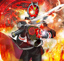  1boy black_gloves commentary_request cowboy_shot fire gem gloves holding holding_sword holding_weapon jewelry kamen_rider kamen_rider_wizard kamen_rider_wizard_(flame_style) kamen_rider_wizard_(series) magic_circle murahigeya red_gem rider_belt ring solo sword tokusatsu translation_request weapon wizard_ring wizardriver wizarswordgun 