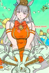  1girl absurdres alien animal_ears armband bamtol_uma blunt_bangs blush boots bow breasts brown_hat character_name commentary_request dress ear_bow ear_ribbon earth_(planet) gloves gold_ship_(red_strife)_(umamusume) gold_ship_(umamusume) grey_hair hat highres horse_ears horse_girl horse_tail korean_commentary large_breasts long_hair looking_at_viewer pantyhose parted_lips pillbox_hat planet red_bow red_dress sitting sleeveless sleeveless_dress solo striped_armband striped_clothes tail umamusume violet_eyes white_boots white_gloves white_pantyhose 