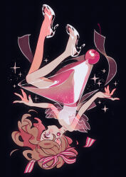  1girl bare_arms bare_legs bare_shoulders black_background blush bright_pupils brown_hair cherry cherry_earrings commentary_request dress earrings expressionless food food-themed_earrings fruit full_body hair_ribbon high_heels highres jewelry liquid long_hair medium_dress oharu-chan original red_nails red_ribbon ribbon see-through_clothes see-through_dress see-through_footwear see-through_sleeves short_sleeves simple_background solo sparkle striped_ribbon upside-down violet_eyes wavy_hair white_dress white_pupils 