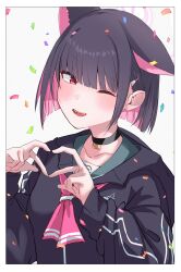  1girl absurdres animal_ears black_choker black_hair black_hoodie blue_archive blush cat_ears choker collarbone commentary_request confetti hair_ornament hairclip halo heart heart_hands highres hood hood_down hoodie jewelry kazusa_(blue_archive) long_sleeves multicolored_hair one_eye_closed open_mouth pink_hair pink_halo sailor_collar short_hair sidelocks smile solo tsyn two-tone_hair upper_body white_background 