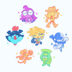  2girls 2others 3boys 7_colored_flowers_(deltarune) aqua_(deltarune) aqua_dress aqua_petals aqua_skin bandana blue_(deltarune) boxing_gloves buck_teeth cape chef_hat chibi chibi_only colored_skin commentary_request cowboy cowboy_hat deltarune dress flowery_(deltarune) gogeyama green_(deltarune) green_robe green_vest hat head_bow highres holding holding_unworn_cape holding_unworn_clothes holding_unworn_jacket jacket mouse_(animal) multicolored_vest multiple_boys multiple_girls multiple_others orange_(deltarune) orange_bandana orange_fur orange_vest petals purple_skin robe seth_(deltarune) teeth tutu two-tone_vest unworn_cape unworn_jacket utdr_(toby_fox) vest white_background yellow_(deltarune) yellow_skin 