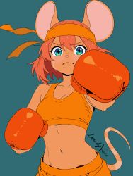  absurdres animal_ears animal_nose artist_name bandana blue_background boxing boxing_gloves breasts commentary crying deltarune english_commentary gloves green_eyes highres humanization lewdyverse mouse_ears mouse_girl mouse_tail navel orange_(deltarune) orange_bandana orange_fur orange_gloves orange_theme simple_background small_breasts tail utdr_(toby_fox) 