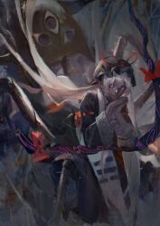  1girl alternate_color alternate_hair_color alternate_skin_color arachne arthropod_girl arthropod_limbs black_dress black_hat black_sclera chinese_commentary closed_mouth colored_sclera commentary_request dark-skinned_female dark_skin dress extra_eyes extra_legs gap_(touhou) grey_hair hat hat_ribbon looking_at_viewer mob_cap monster_girl monsterification multiple_legs own_hands_clasped own_hands_together pointy_ears qin_xin ribbon smile solo spider_girl tabard taur touhou violet_eyes white_tabard yakumo_yukari 
