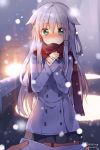  1girl anceril_sacred blush green_eyes looking_at_viewer mishima_kurone original pov scarf skirt snowing solo_focus twitter_username white_hair winter_clothes 