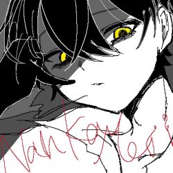  1boy commentary_request dilated_pupils esse_series hyoutenka_30-do_no_zetsubou jaggy_lines kobayashi_luca looking_at_viewer male_focus parted_lips portrait romaji_text solo spot_color syo_hi yellow_eyes 