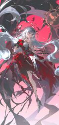  absurdly_long_hair absurdres arknights bare_shoulders black_shoes closed_mouth crown dress expressionless floating_hair full_body fur-trimmed_gloves fur_trim gloves gradient_background grey_hair halter_dress halterneck hand_on_own_chest hat high_heels highres holding holding_staff long_hair n1ki official_alternate_costume red_eyes shoes skadi_(arknights) skadi_the_corrupting_heart_(arknights) skadi_the_corrupting_heart_(red_countess)_(arknights) sleeveless sleeveless_dress solo staff two-tone_dress very_long_hair 