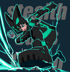  1boy aqua_eyes aqua_hair badge bird black_bodysuit black_gloves black_mask blue_background blue_outline bodysuit boku_no_hero_academia commentary_request electricity flying foreshortening freckles from_side full_body full_cowling_(boku_no_hero_academia) gloves hands_up highres hood hood_up hooded_bodysuit knee_up looking_at_viewer looking_to_the_side male_focus mask mask_around_neck midoriya_izuku mouth_mask nao_(n_sai_ao) official_alternate_costume open_mouth outline outstretched_arm partial_commentary pino_(boku_no_hero_academia) pouch serious shoe_soles short_hair sideways_glance simple_background solo text_background v-shaped_eyebrows 