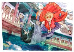 3girls architecture attack black_hair black_sandals blue_hair border brown_hair club_(weapon) commentary day east_asian_architecture fangs fish glass_shards haori highres holding holding_club holding_weapon horns japanese_clothes kameno_kou leg_warmers long_hair medium_hair midair multiple_girls ocean oni oni_queen_(kameno_kou) open_mouth original outdoors painting_(medium) pillar railing red_eyes red_haori red_horns sandals shinni_(kameno_kou) skin-covered_horns solo swinging_weapon teeth traditional_media upper_teeth_only ura_(kameno_kou) very_long_hair watercolor_(medium) weapon white_border white_leg_warmers wristband 