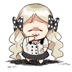  1girl black_bow black_skirt bow brown_hair buttons chibi chibi_only closed_eyes double-breasted facing_viewer full_body hair_bow handa_roco headphones headphones_around_neck idolmaster idolmaster_million_live! jacket long_hair lowres otoutogimi polka_dot polka_dot_bow simple_background skirt solo standing twintails white_background white_jacket wrinkled_frown_(detective_pikachu) 