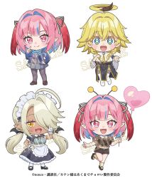  +_+ 3girls ahoge ami_(kanan-sama) antennae apron balloon black_dress black_hairband black_ribbon black_shoes blonde_hair blue_bow blue_bowtie blue_eyes blue_hair blue_jacket blush bow bowtie breasts brown_shirt brown_shoes brown_shorts brown_socks chibi chibi_only closed_mouth colored_inner_hair commentary_request cross demon_girl diagonal-striped_bow diagonal-striped_bowtie diagonal-striped_clothes dress fang frilled_apron frills gloves green_eyes grey_pantyhose grey_skirt grey_sweater hair_horns hair_intakes hair_over_one_eye hair_ribbon hairband hayase_hiromu heart_balloon highres holding holding_balloon index_finger_raised jacket jeanne_(kanan-sama) kanan-sama_wa_akumade_choroi kanan_(kanan-sama) long_hair looking_at_viewer maid maid_apron maid_headdress medium_hair multicolored_hair multiple_girls nun official_art open_clothes open_jacket open_mouth pantyhose pink_eyes pink_hair pointy_ears ribbon sample_watermark see-through_clothes see-through_shirt shirt shoes shorts simple_background skin_fang skirt smile socks striped_bow striped_bowtie striped_clothes sweater thigh-highs thighs twintails two-tone_hair two-tone_ribbon two_side_up waist_apron watermark white_apron white_background white_gloves white_shirt white_thighhighs yellow_eyes 