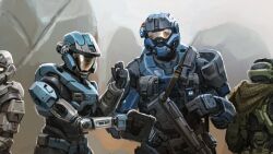  1girl 3boys armor battle_rifle blue_armor blue_helmet bullpup carter-a259 catherine-b320 combat_helmet combat_knife commentary cropped dry_grass english_commentary full_armor green_armor green_helmet grey_armor grey_helmet gun gun_sling halo:_reach halo_(series) haze helmet highres holding holding_gun holding_tablet_pc holding_weapon jun-a266 knife knife_sheath m392_marksman mechanical_arms military mismatched_pauldrons multiple_boys outdoors pauldrons pouch power_armor prosthesis prosthetic_arm reflective_assault_visor rifle rock scarf science_fiction scope sheath sheathed shoulder_armor single_mechanical_arm sniper_rifle soldier soul_ant19 spartan-b312 spartan_(halo) standing tablet_pc weapon yellow_assault_visor 