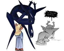  1girl 1other :| animal_ears annoyed antlers averting_eyes blonde_hair brown_fur bugmael can't_choose_your_own_family cloak closed_mouth deer_antlers deer_ears deer_girl deltarune freckles hand_on_own_arm height_difference hole_in_hand hood hood_down hooded_cloak hooves horns hunched_over implied_injury living_shadow long_hair looking_at_another mocking noelle_holiday noelle_holiday_(dark_world) reindeer_antlers reindeer_girl roaring_knight sideways_glance size_difference stigmata utdr_(toby_fox) white_cloak wide_sleeves 