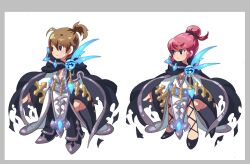  1boy 1girl ahoge arms_at_sides artist_request asgard black_cloak black_eyes black_pants black_shoes blue_gem brown_hair character_request clenched_hand cloak closed_mouth cross-laced_clothes cross-laced_legwear double-parted_bangs fantasy from_side frown full_body gem hair_between_eyes hair_bun high_heels light_blush light_smile nexon official_art open_hand pants pink_hair ponytail production_art second-party_source shirt shoes short_ponytail sidelocks sideways_glance standing swept_bangs white_sleeves wide_sleeves 