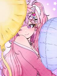  1girl ahoge arttbysun balloon bandaid bandaid_hair_ornament bone_hair_ornament button_hair_ornament candy_hair_ornament choker collar decora demon_girl demon_horns food-themed_hair_ornament hair_ornament heart heart_ahoge heart_hair_ornament heart_in_eye highres horns indie_virtual_youtuber ironmouse lollipop_hair_ornament long_hair multicolored_hair one_eye_closed pink_choker pink_hair pointy_ears purple_hair purple_streaks smile solo sparkle_hair_ornament spiked_collar spikes strawberry_hair_ornament streaked_hair symbol_in_eye twintails violet_eyes virtual_youtuber white_horns 