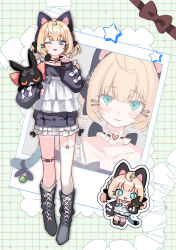  1girl :o ;o absurdres animal_ears aqua_eyes beads blonde_hair blush cat_ears cat_tail chibi dot_nose full_body hair_beads hair_ornament highres lllll_(llllla3434) looking_at_viewer lucie_(millie_parfait) medium_hair millie_parfait multiple_views nijisanji nijisanji_en one_eye_closed tail virtual_youtuber 