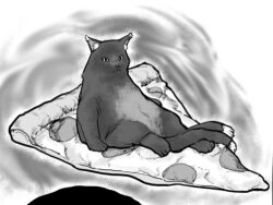  akibasomen0130 cat commentary_request food full_body greyscale kaenbyou_rin kaenbyou_rin_(cat) monochrome multiple_tails no_humans pizza pizza_slice sitting solo tail touhou two_tails 