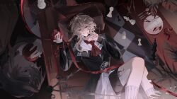  absurdres alcohol androgynous artist_name ashlie_chan belt_collar black_jacket bottle collar grey_eyes grey_hair highres jacket necktie original plate projected_inset red_necktie red_pupils red_wine ribbed_socks socks wine wine_bottle 