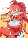  1girl ;d blue_skin blush bracelet breasts china_dress chinese_clothes cleavage cleavage_cutout demon_girl dress earrings elbow_gloves fang garter_straps gloves gradient gradient_background hera-ur_(p&amp;d) holding hoop_earrings jewelry large_breasts long_hair marshmallow_mille no_nose open_mouth pointy_ears puzzle_&amp;_dragons red_dress red_gloves red_legwear redhead sitting smile solo star thighhighs twitter_username very_long_hair wink yellow_eyes 