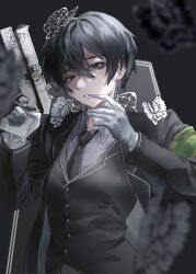  1boy absurdres armband bags_under_eyes biting biting_glove black_coat black_eyes black_hair black_necktie black_vest blurry blurry_foreground bug butterfly coat collared_shirt commentary_request depth_of_field e.g.o_(project_moon) gloves green_armband gun highres holding holding_gun holding_weapon kirbynonaka korean_commentary lapels limbus_company lobotomy_corporation_(identity)_(project_moon) long_sleeves looking_at_viewer male_focus necktie notched_lapels open_clothes open_coat parted_lips project_moon shirt short_hair solemn_lament_(e.g.o) solo upper_body vest weapon white_butterfly white_gloves white_shirt yi_sang_(project_moon) 