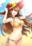  1girl beach bikini breasts brown_hair cleavage gogatsu_no_renkyuu hands_on_headwear hat long_hair looking_at_viewer navel open_mouth original sand smile solo starfish sun_hat swimsuit yellow_bikini 