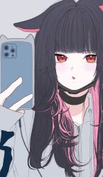  1girl alternate_hair_length_(longer) animal_ears black_choker black_hair black_mask blue_archive blunt_bangs blush cat_ears cat_girl cellphone choker colored_inner_hair commentary grey_background grey_jacket highres holding holding_phone jacket kazusa_(blue_archive) long_hair long_sleeves looking_at_viewer mask mask_pull mirror_selfie mouth_mask multicolored_hair parted_lips phone pink_hair red_eyes selfie simple_background sleeves_past_wrists smartphone solo tadenuma_(wsyn2743) untranslatable_commentary 