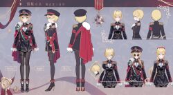  1girl absurdres aiguillette armband ascot bell_sleeves black_ascot black_boots black_hat black_pantyhose blonde_hair blush boots braid breasts coat coat_dress commentary_request dress epaulettes gem gem_hat_ornament glasses gloves green_eyes green_gem hair_over_one_eye hat high_heel_boots high_heels highres kurumi_noah kurumi_noah_(9th_costume) long_hair magako medal medium_breasts military_coat military_dress_uniform military_hat military_uniform multiple_views pantyhose ponytail red_armband reference_sheet ribbon round_eyewear short_hair single_braid striped_ribbon stuffed_animal stuffed_toy sunglasses tachi-e teddy_bear thigh_strap vspo! white_ascot white_gloves 