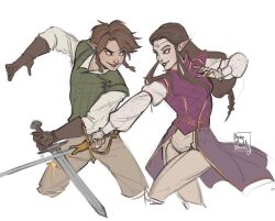 1boy 1girl braid braided_sidelocks breasts brown_gloves brown_hair cropped_legs crossed_swords fighting fighting_stance gloves green_vest grey_pants hero_of_badass holding holding_sword holding_weapon link long_hair low-tied_long_hair medium_breasts pants parted_bangs parted_lips pointy_ears princess_zelda purple_vest shirt short_hair sidelocks smile sword the_legend_of_zelda the_legend_of_zelda:_twilight_princess twin_braids vest weapon white_background white_shirt