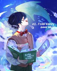  1boy :d ^_^ black_hair blue_sky blue_streaks book bow bowtie brown_vest character_name closed_eyes clouds commentary_request cowboy_shot dated english_text facing_up fish flying_paper green_pants hair_between_eyes highres holding holding_book holding_paper long_sleeves male_focus multicolored_hair open_book pants paper profile real_life red_bow red_bowtie saitou_souma shirt short_hair sky smile solo space_whale standing streaked_hair teeth traditional_bowtie upper_teeth_only vest water_drop whale white_shirt wingtip_collar yingchencat 