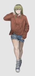  1670649058 1girl absurdres arm_up blue_shorts brown_eyes brown_hair closed_mouth commentary_request denim denim_shorts drawstring fur-trimmed_shorts fur_trim hair_between_eyes hand_in_pocket highres light_smile long_hair original shorts sidelocks simple_background solo white_background wide_sleeves 