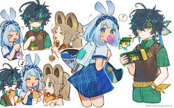  ! 1boy 2girls absurdres ajaw_(genshin_impact) animal_ears backpack bag blowing_bubble_gum blue_dress blue_eyes blue_hair blue_hairband brown_hair brown_sailor_collar brown_sweater_vest character_charm charm_(object) chewing_gum closed_eyes closed_mouth commentary_request crepe cropped_legs cropped_torso diamond-shaped_pupils diamond_(shape) dress earrings fish-shaped_pupils food genshin_impact green_eyes green_hair green_headband green_pants green_shirt hairband hand_in_pocket handheld_game_console headband highres holding holding_charm holding_crepe holding_food holding_handheld_game_console holding_skateboard jewelry kachina_(genshin_impact) kinich_(genshin_impact) long_hair looking_at_viewer mualani_(genshin_impact) multicolored_eyes multiple_girls multiple_views musical_note nanase_sato official_alternate_costume open_mouth pants pinafore_dress plaid_clothes plaid_dress plaid_pants plaid_skirt ponytail red_eyes sailor_collar shirt short_hair simple_background skateboard skirt sleeveless sleeveless_dress speech_bubble spoken_exclamation_mark spoken_musical_note sweater_vest symbol-shaped_pupils two-tone_eyes white_background white_bag white_shirt yellow_eyes 