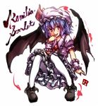  1girl bat_wings blue_hair bow brooch finger_licking hat hat_bow jewelry licking pantyhose red_eyes remilia_scarlet solo touhou umarutsufuri white_background white_legwear wings 