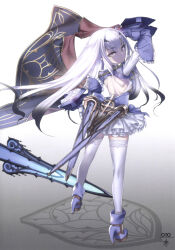  1girl absurdres backless_dress backless_outfit choco_(chocolate_shop) dress fate/grand_order fate_(series) flag gradient_background hair_between_eyes hair_ornament high_heels highres long_hair looking_at_viewer looking_back melusine_(fate) melusine_(second_ascension)_(fate) official_art purple_dress scan sheath solo thigh-highs violet_eyes white_hair zettai_ryouiki 