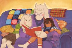  1boy 1other absurdres adoptive_parent_and_adoptive_child adoptive_siblings aged_down asriel_dreemurr bio_(bioshitto) blanket blush brown_hair couch dark_skin deltarune fake_horns goat_boy goat_girl goat_horns hairband highres horn_hairband horns kris_(deltarune) mother_and_child mother_and_son on_couch overalls parent_and_child pillow purple-framed_eyewear purple_robe quilt reading red_horns robe siblings smile toriel utdr_(toby_fox) 