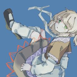  1girl :o arm_warmers black_shoes blonde_hair blue_background brown_shirt brown_skirt commentary_request expressionless falling full_body green_eyes highres horunikomi_d1 looking_at_viewer loose_socks mary_janes mizuhashi_parsee open_mouth pointy_ears sash scarf shirt shoes short_hair short_sleeves simple_background skirt socks solo touhou white_sash white_scarf white_socks 