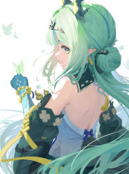  1girl absurdres alu_(alu51242421) arknights arknights:_endfield bare_shoulders beads black_sleeves blue_eyes bug butterfly butterfly_on_hand closed_mouth colored_extremities commentary detached_sleeves earrings from_behind green_butterfly green_hair green_horns hand_up highres horns jewelry long_hair looking_at_another pointy_ears profile si_(arknights) simple_background smile solo tassel turning_head upper_body white_background 