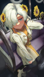  adjusting_hair blonde_hair blue_eyes boots commentary eye_in_flower familiar flower foreshortening from_above grey_hair hair_flower hair_ornament hair_over_one_eye hand_in_own_hair highres isekaijoucho kamitsubaki_studio multicolored_hair multiple_unit_train one_eye_covered sitting smile sunflower tokuman1203 train train_interior two-tone_hair virtual_youtuber white_boots 