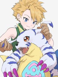  1boy blonde_hair blue_eyes brown_gloves closed_mouth commentary_request digimon digimon_(creature) feng_(feng_efu) gabumon gloves green_shirt highres ishida_yamato looking_at_creature male_focus petting shirt short_hair sleeveless sleeveless_shirt smile spiky_hair 