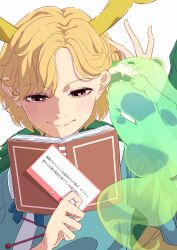  1girl absurdres antlers blonde_hair blue_shirt book closed_mouth commentary_request dragon_girl dragon_horns fan_request highres holding holding_book horns kicchou_yachie marshmallow_(site) open_book otter_spirit_(touhou) reading red_eyes request_inset shirt short_hair simple_background smile suriburi06 touhou translation_request upper_body whispering_in_ear white_background yellow_horns 
