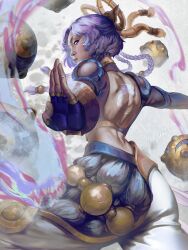  absurdres back_tattoo braid facial_mark fingerless_gloves forehead_mark gloves hair_ornament highres league_of_legends lips looking_at_viewer midriff nose orb purple_hair short_eyebrows shoulder_blades signature tattoo toned toned_female twin_braids violet_eyes wanda_(wandakun) yunara_(league) 