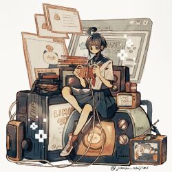  1girl ahoge ahoge_girl_(jimini_shijimi) artist_name book book_stack can closed_mouth collared_shirt commentary_request converse crossed_legs crt dial_television game_over handheld_game_console holding holding_handheld_game_console instagram_username jimini_shijimi neckerchief no_pupils original oversized_object pleated_skirt red_shoes sailor_collar school_uniform serafuku shirt shoes short_hair short_sleeves sidelocks simple_background sitting skeb_username skirt solo television twitter_username white_background white_shirt window_(computing) 