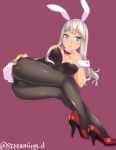  1girl :q animal_ears ass bare_shoulders black_legwear blue_eyes breasts breasts_apart bunny_tail bunnysuit detached_collar fake_animal_ears grey_hair hairband hand_to_own_mouth high_heels inuhasiru jpeg_artifacts long_hair looking_at_viewer lying on_side pantyhose rabbit_ears simple_background solo tail tongue tongue_out twitter_username wrist_cuffs 