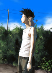  1boy animal animal_on_shoulder black_hair black_pants blue_sky brown_cat bush cat closed_mouth collarbone day fishing_rod from_side gon_freecss highres holding holding_fishing_rod hunter_x_hunter kimgyunyu looking_ahead male_focus outdoors pants power_lines short_hair sky solo standing tank_top utility_pole white_tank_top 